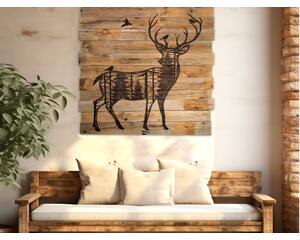 This is a large rustic wood wall hanging featuring an outline of  deer with antlers, a forest scene is shown within the deer silhoette.